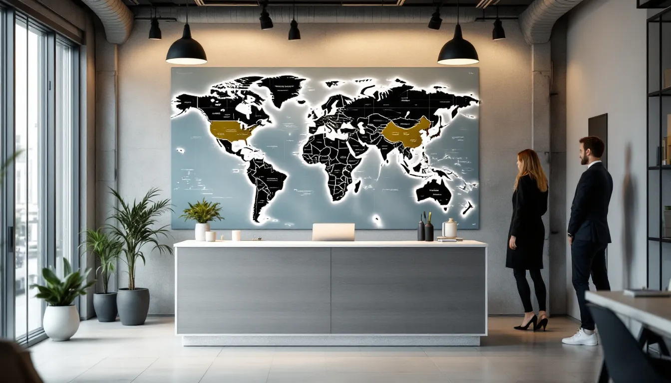 Oficina moderna de agencia de viajes con mapamundi, representando operaciones turísticas internacionales