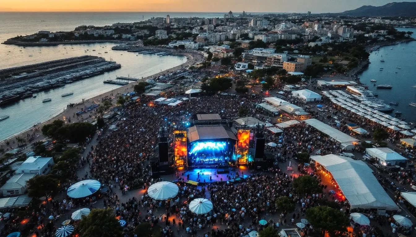 Multitud asistiendo a un festival de música al aire libre en Mallorca con escenarios y ambiente festivo