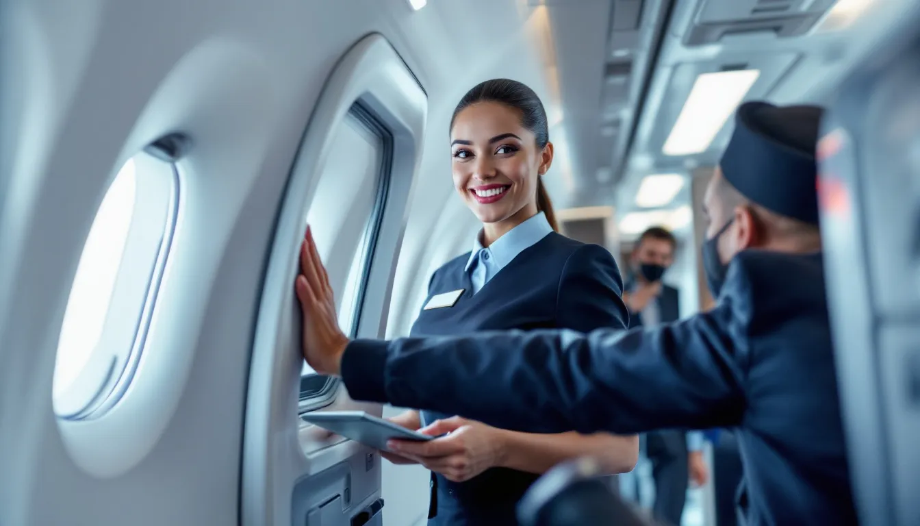 Tripulante de cabina recibiendo pasajeros con sonrisa en puerta de avión