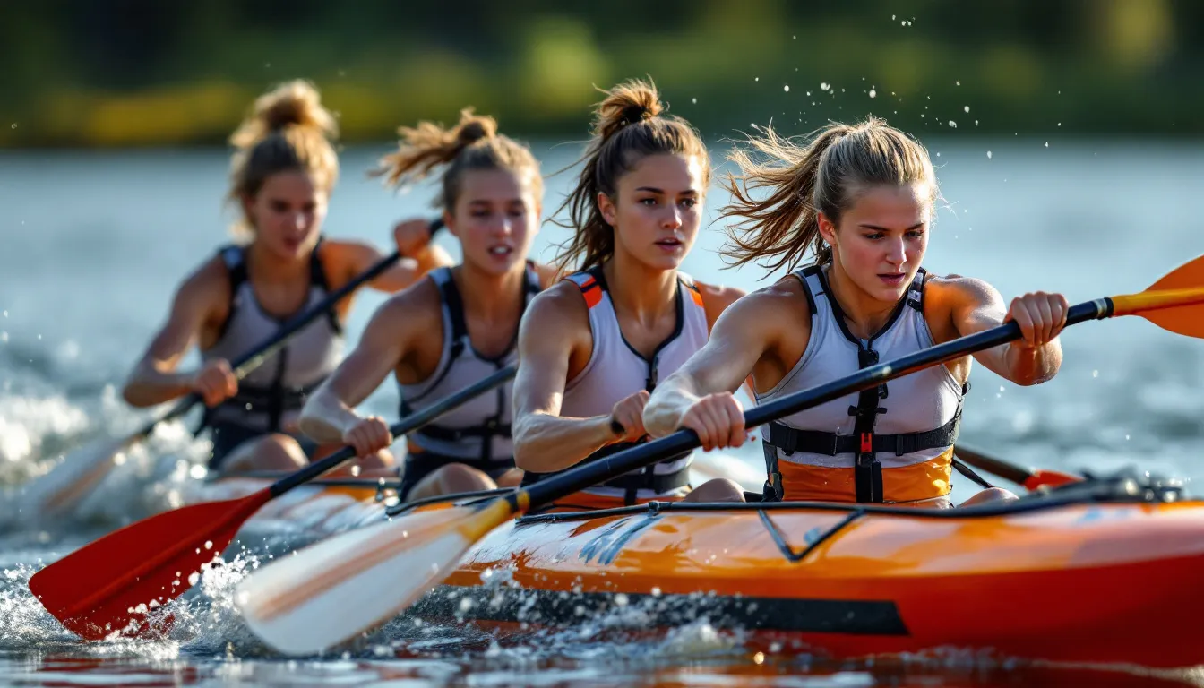 Equipo femenino de piragüismo compitiendo en kayak K4 durante campeonato nacional