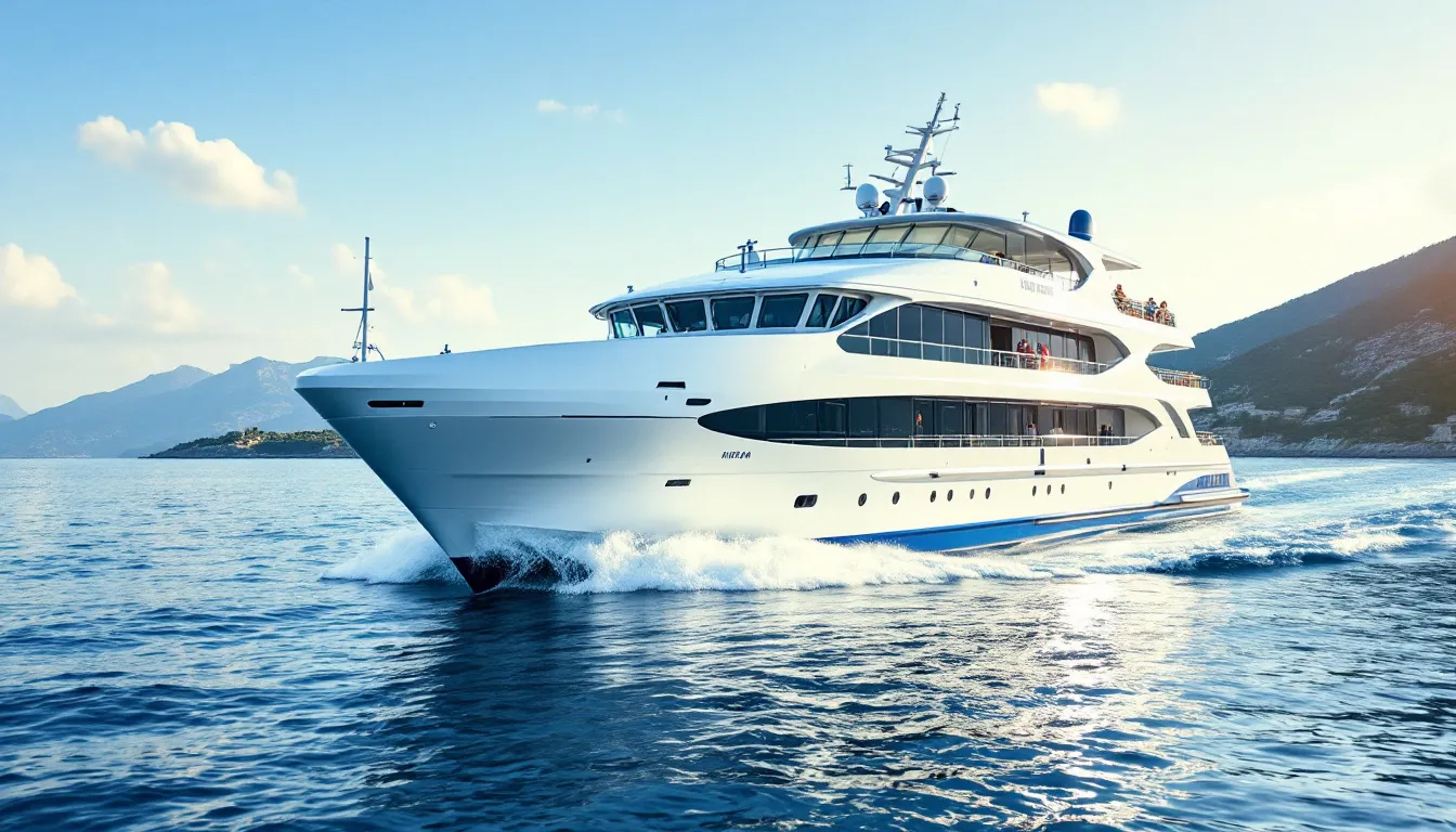 Ferry navegando en aguas del Mediterráneo bajo cielo despejado