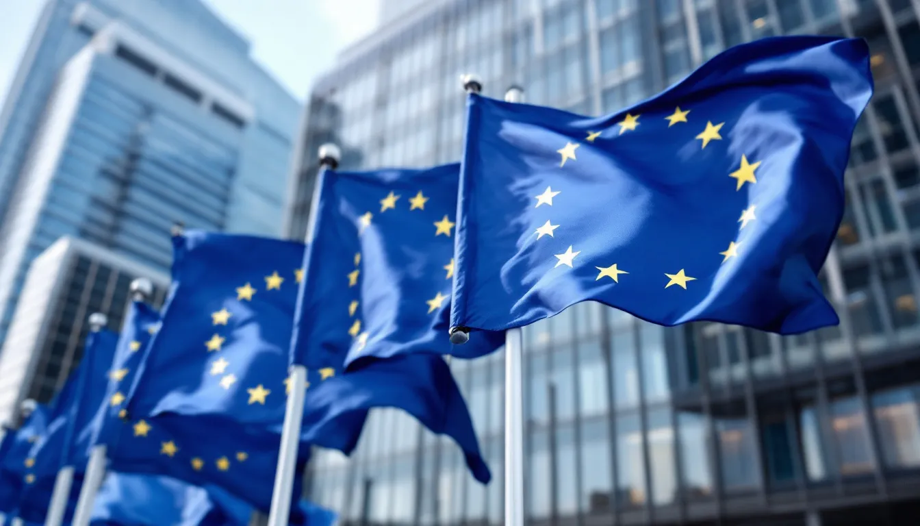 Banderas de la Unión Europea ondeando frente a edificio institucional europeo
