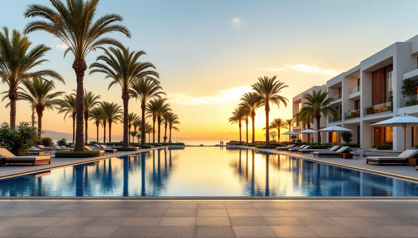 Hotel de lujo con piscina y palmeras en destino vacacional mediterráneo durante el verano