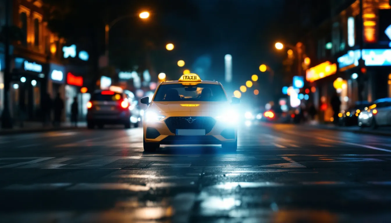 Taxi en calle urbana de noche representando el papel de los taxistas como testigos ocasionales