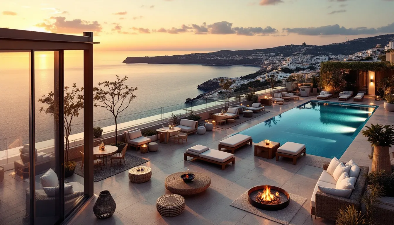 Terraza de hotel de lujo con piscina infinity y vistas panorámicas al mar durante el atardecer