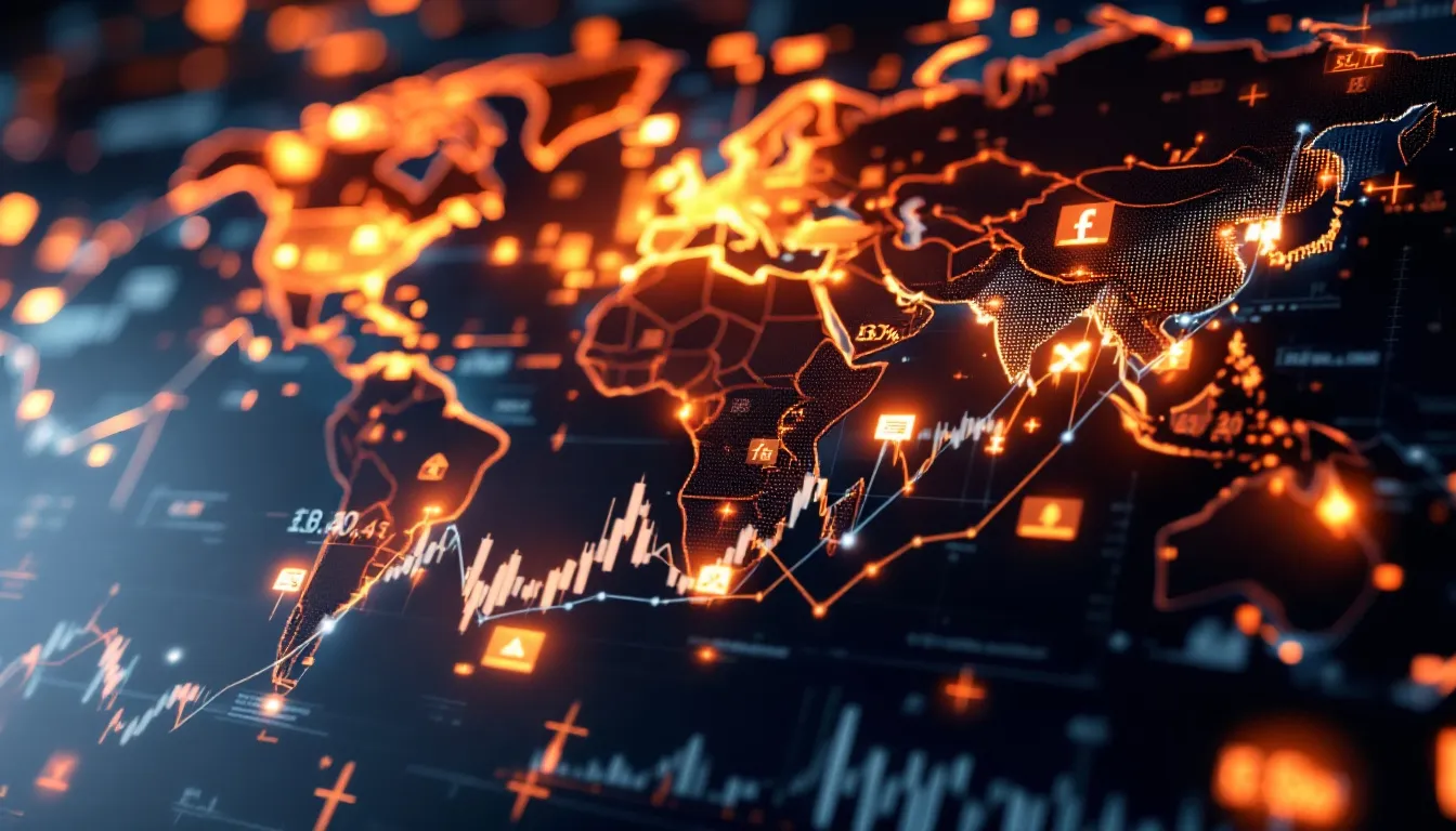 Representación visual de la economía global con gráficos financieros y símbolos de alerta