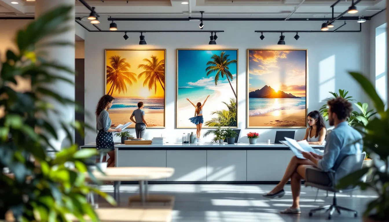 Interior de agencia de viajes con carteles promocionales de vacaciones de verano