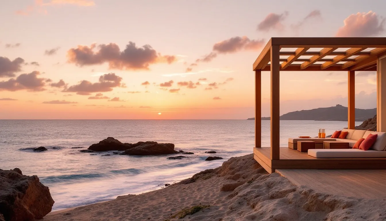 Chiringuito costero en Ibiza al atardecer con vista al mar Mediterráneo