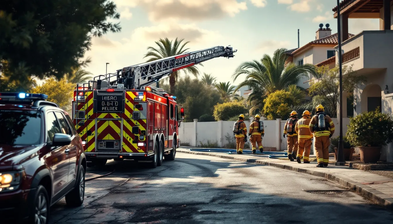 Bomberos actuando en emergencia residencial con equipos de seguridad