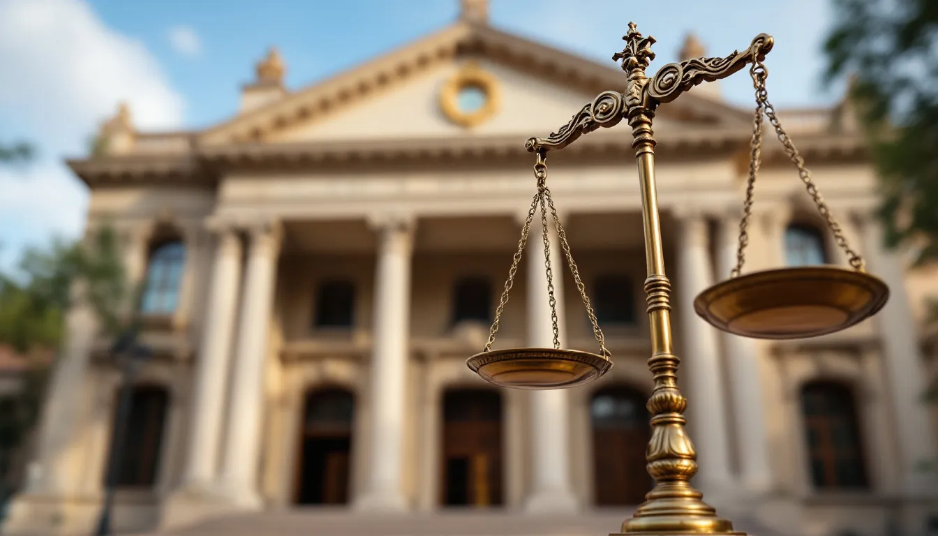 Fachada de juzgados españoles con símbolo de la justicia, imagen editorial