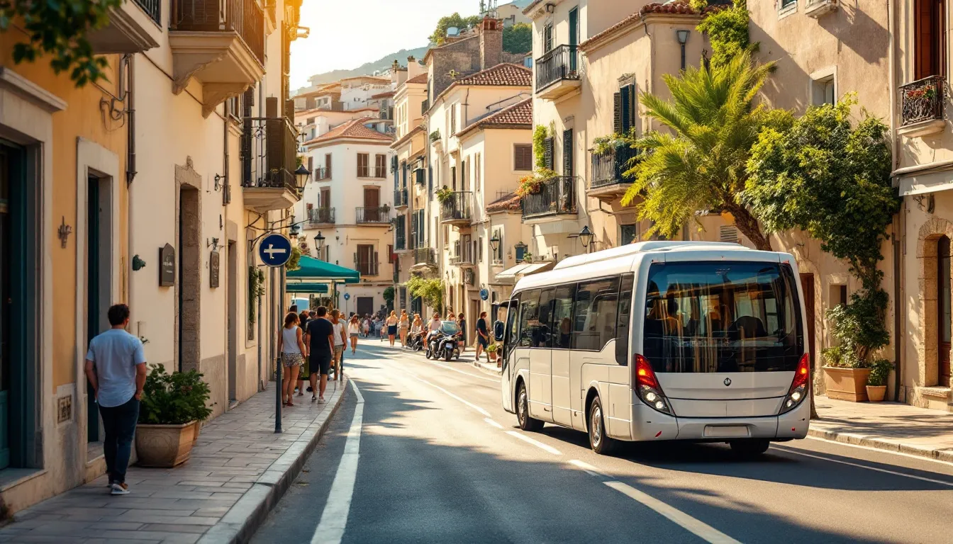 Autobús urbano en servicio de transporte público en localidad costera de Mallorca durante el verano