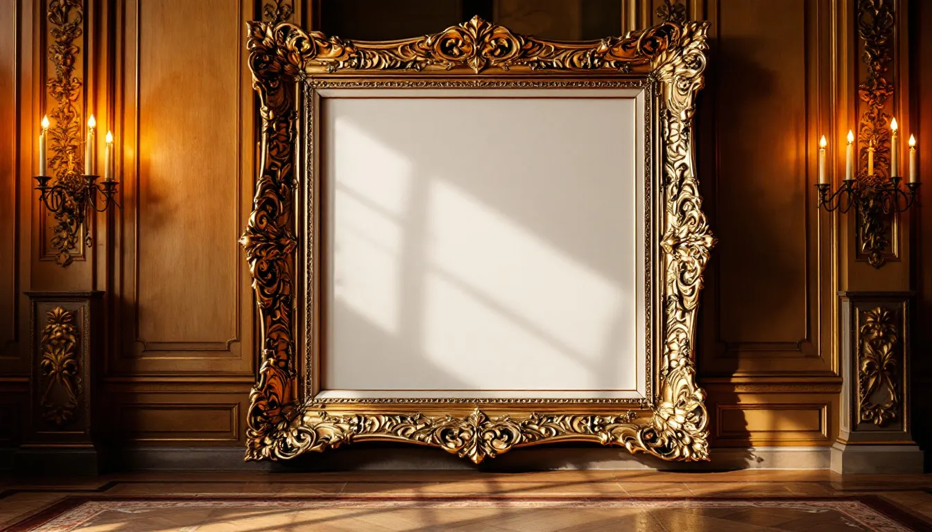 Marco clásico de cuadro en ambiente museístico, representando el hallazgo de obras de arte