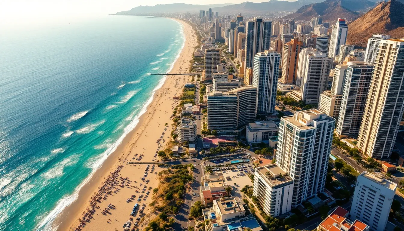Panorámica de la ciudad de Benidorm con sus característicos rascacielos hoteleros junto al mar Mediterráneo