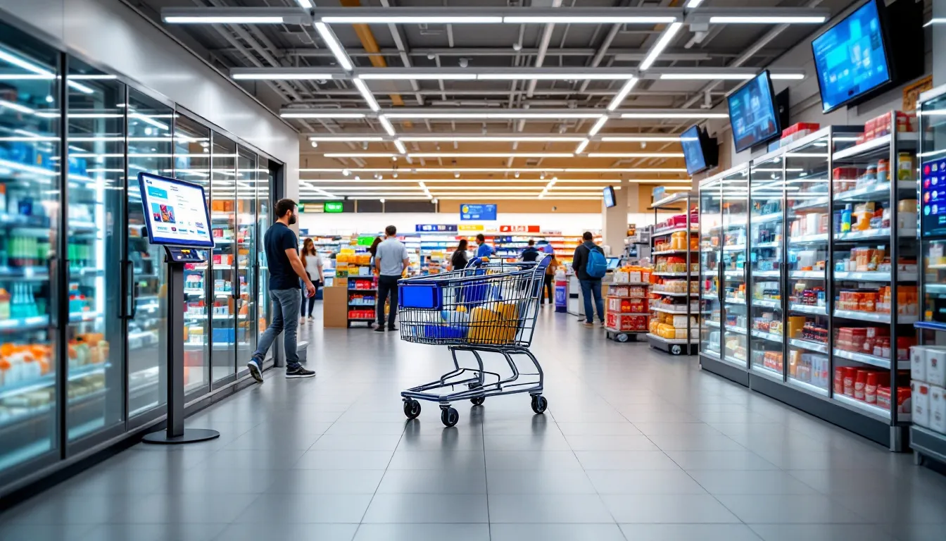 Interior de supermercado moderno con tecnología digital para clientes