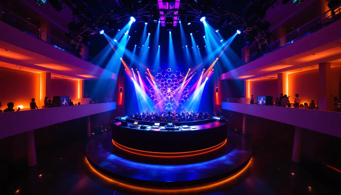 Sala de música electrónica en Ibiza con público y DJ en cabina