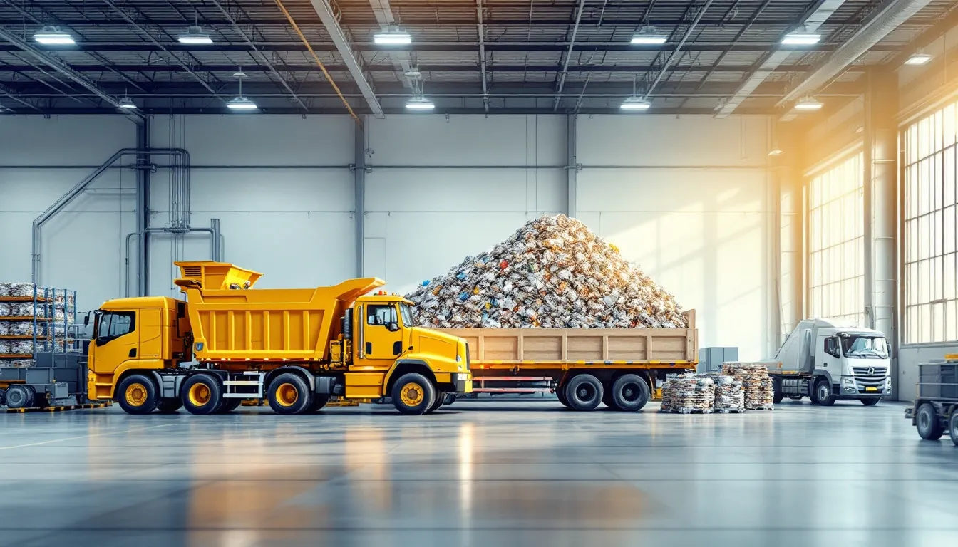 Planta de tratamiento de residuos con maquinaria de reciclaje y camiones de transporte