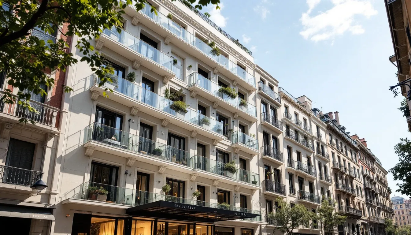 Edificio de aparthotel de lujo en Barcelona, Paseo de Gracia, arquitectura urbana moderna