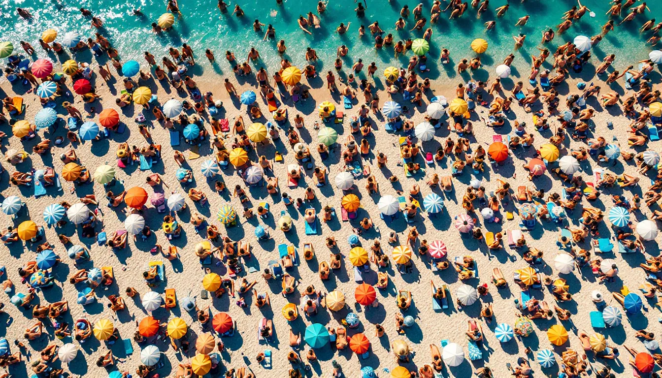 Playa mediterránea abarrotada de turistas en verano, con sombrillas y hamacas ocupando toda la arena
