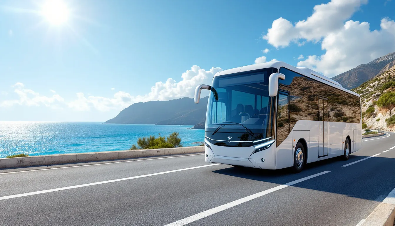 Autobús moderno circulando por carretera costera en isla mediterránea con mar al fondo