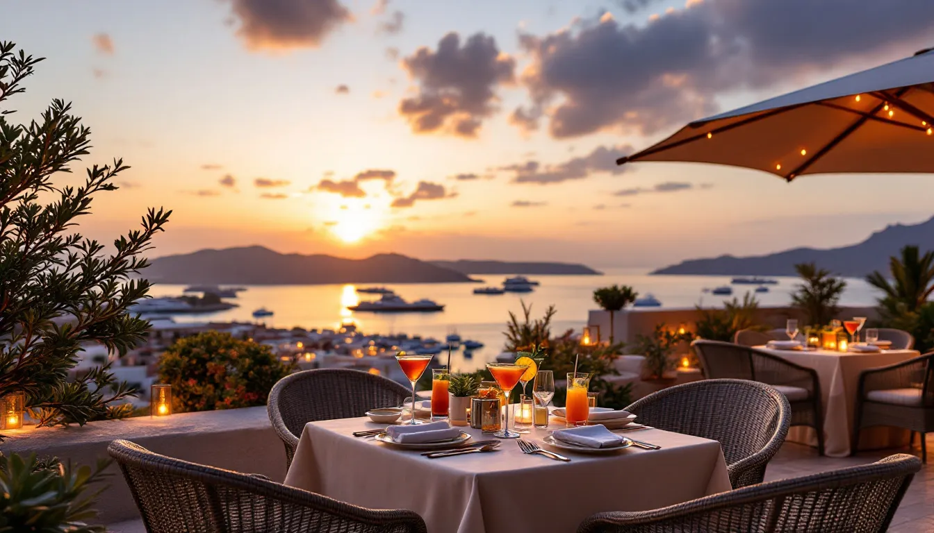 Terraza de restaurante en azotea con vistas al atardecer en Ibiza