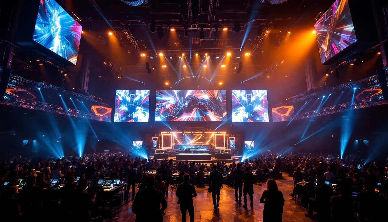 Interior de club nocturno con iluminación profesional y escenario preparado para evento de música electrónica