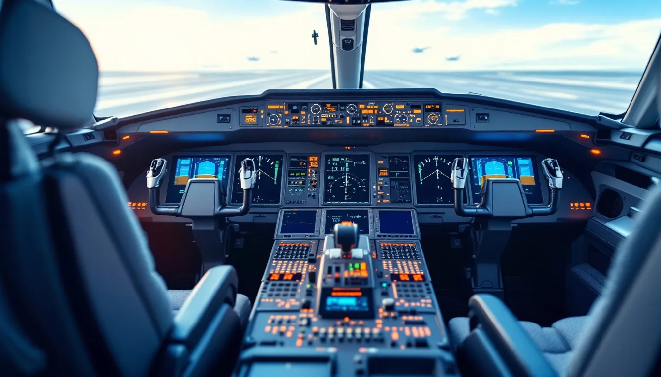 Interior de cabina de avión comercial con controles de vuelo modernos