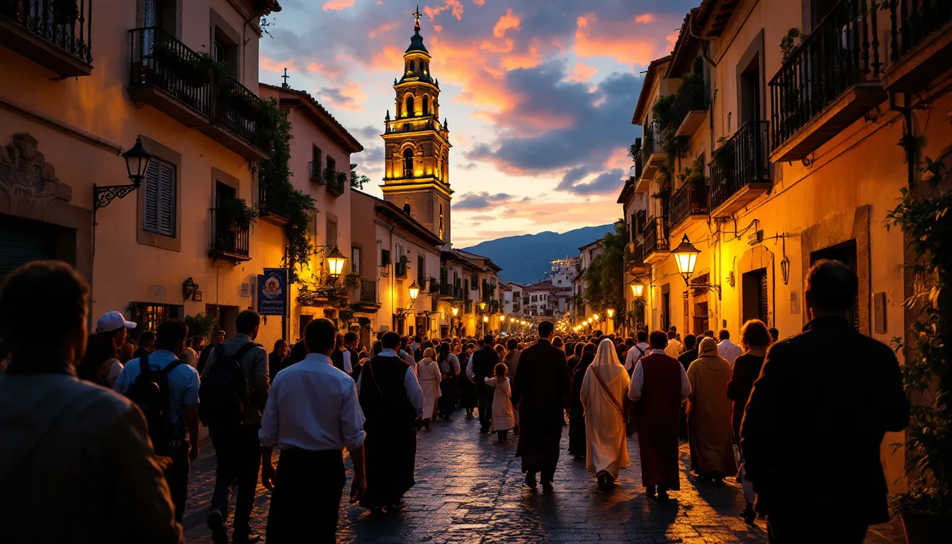 Procesión religiosa en el centro de un pueblo de Ibiza al atardecer