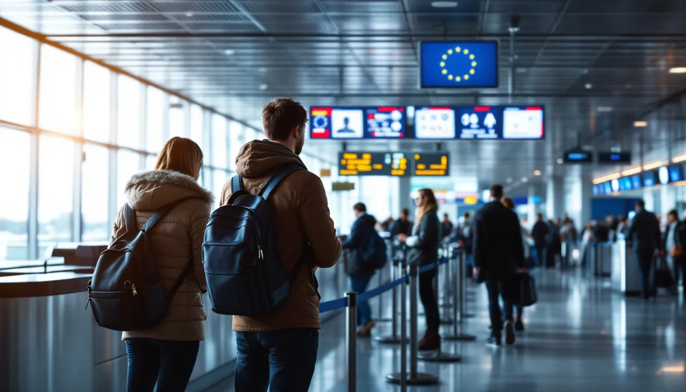 Viajeros en control de pasaportes de aeropuerto internacional