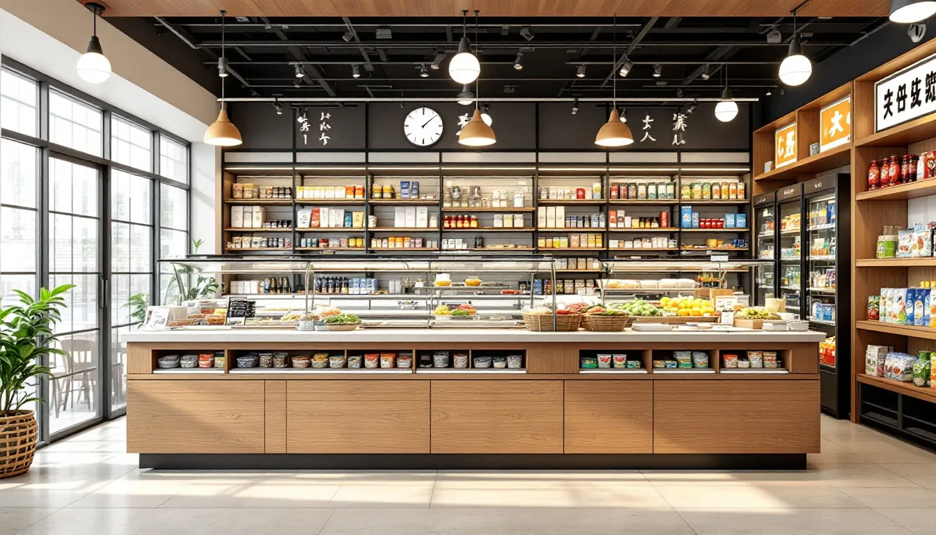 Interior de un supermercado asiático con productos preparados y estanterías iluminadas