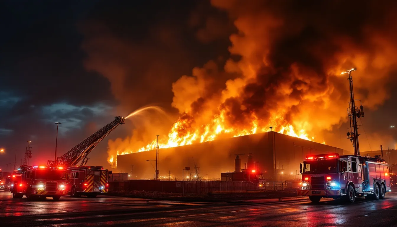 Bomberos extinguiendo un incendio en una nave industrial de Ibiza durante la noche