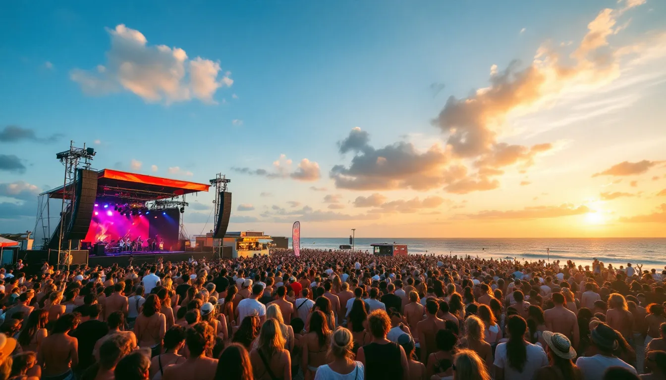 Jóvenes disfrutando de un festival de música al aire libre en verano cerca del mar
