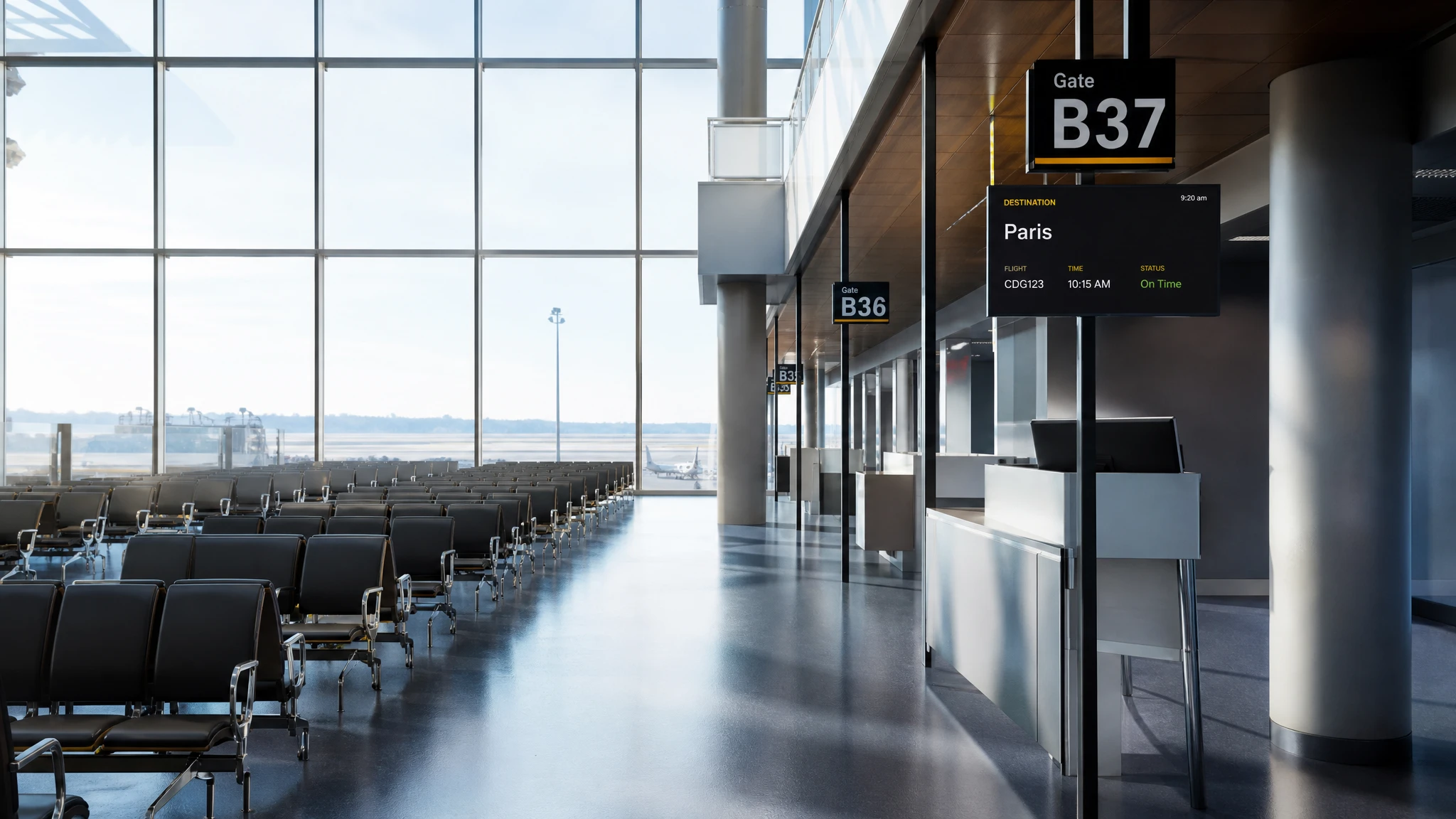 Interior de una zona de embarque en un aeropuerto moderno con asientos vacíos