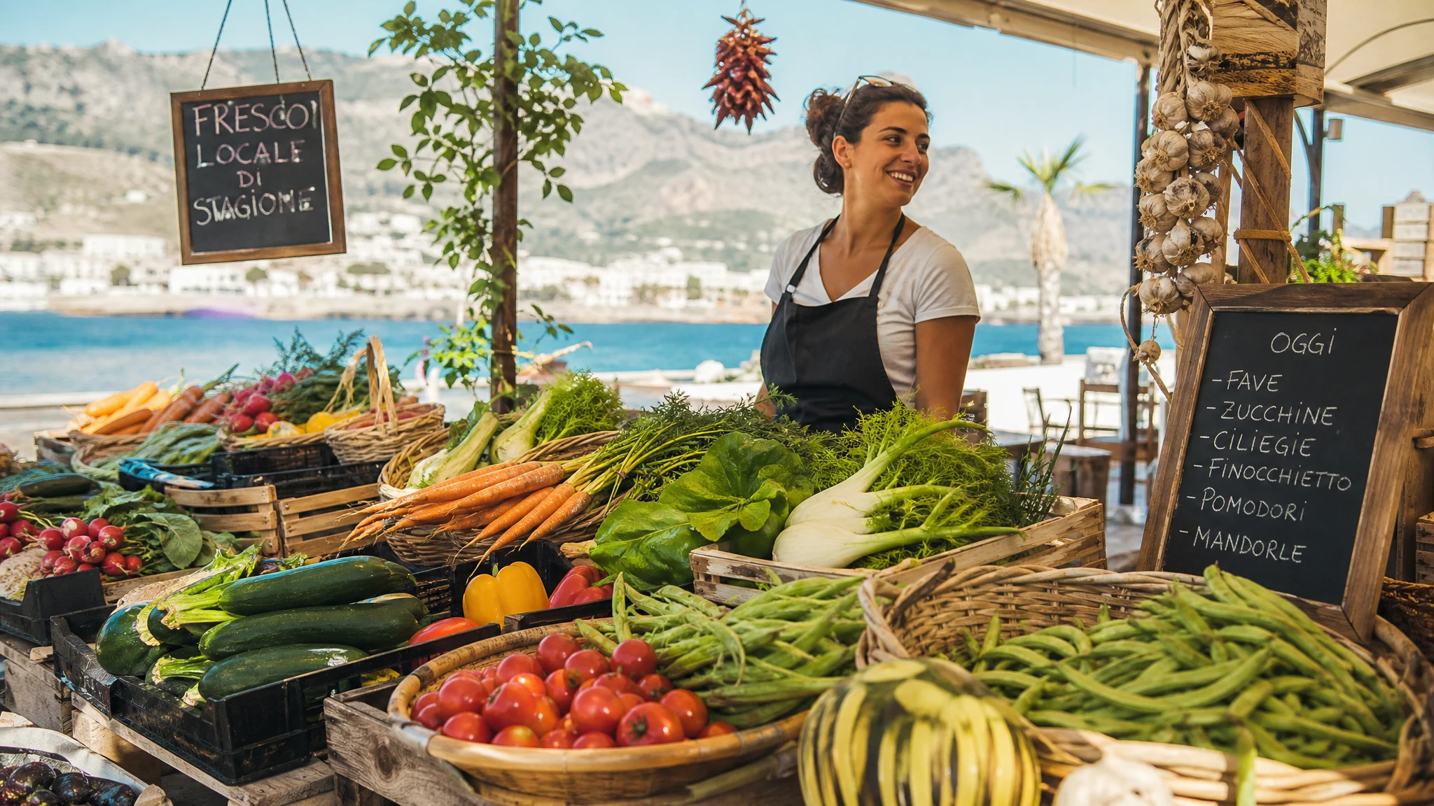Puesto de mercado con verduras y frutas frescas de temporada