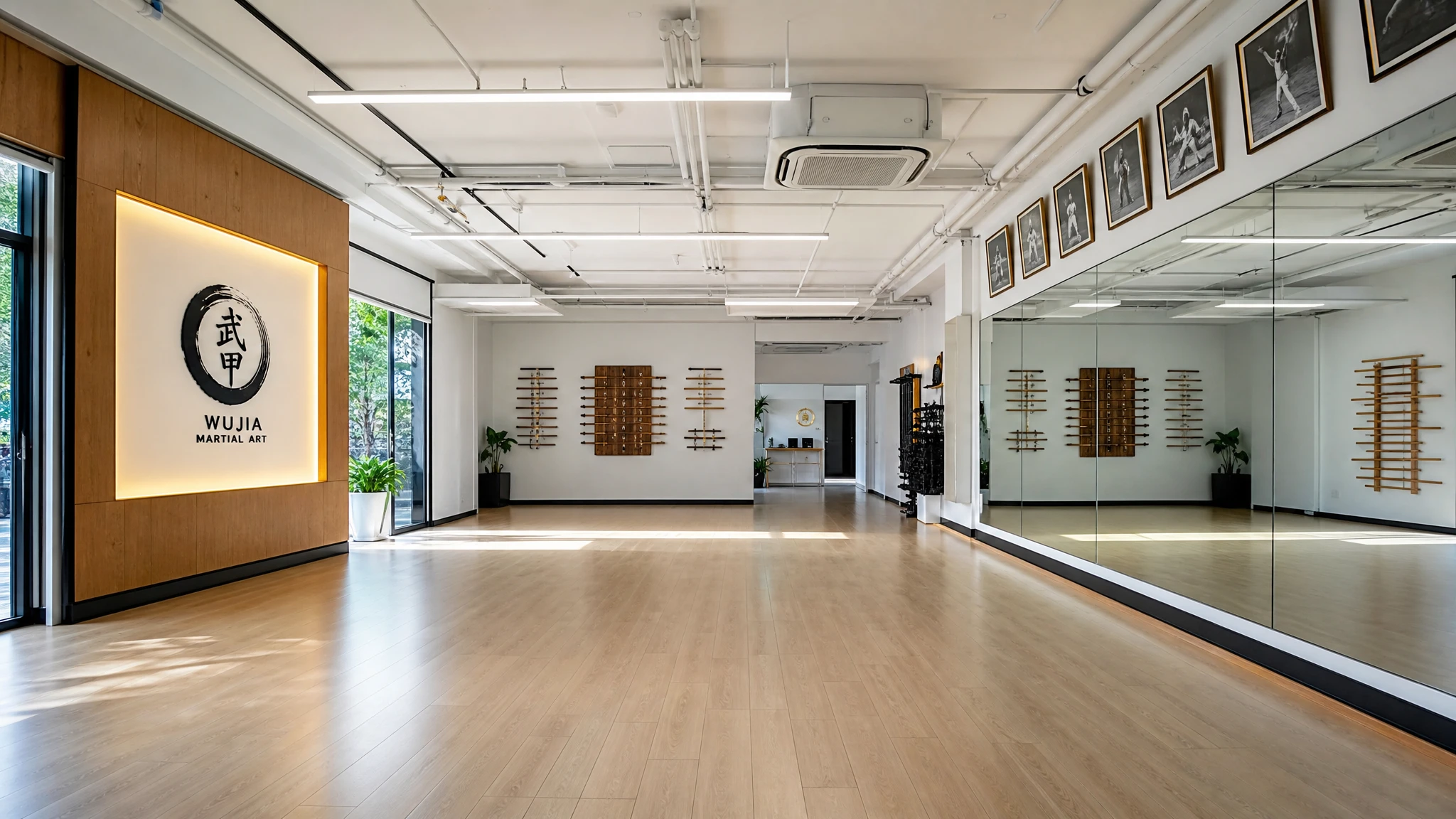 Interior de un gimnasio de artes marciales con suelo de madera