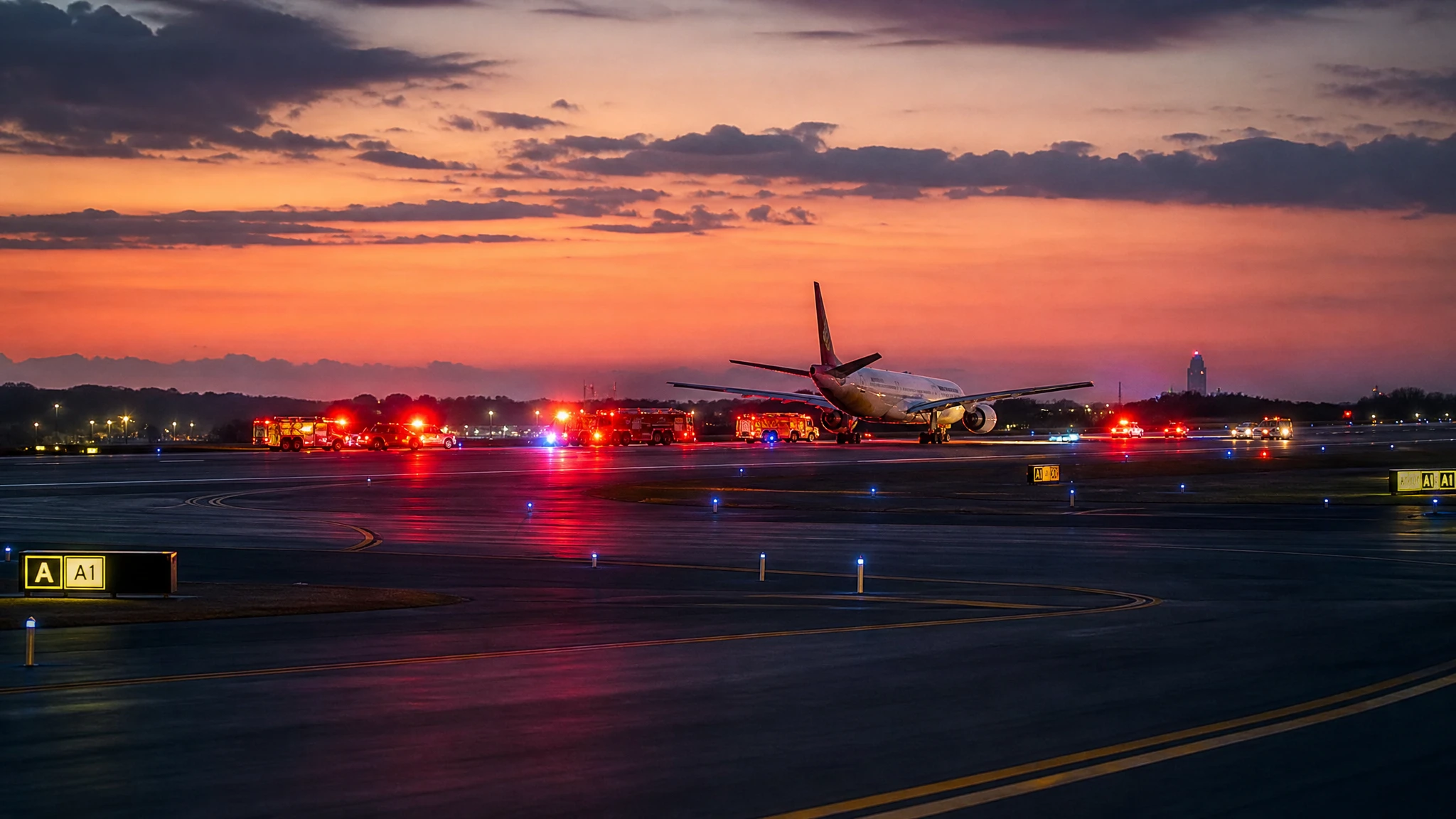 Pista de aeropuerto con vehículos de emergencia al atardecer tras incidente aeronáutico