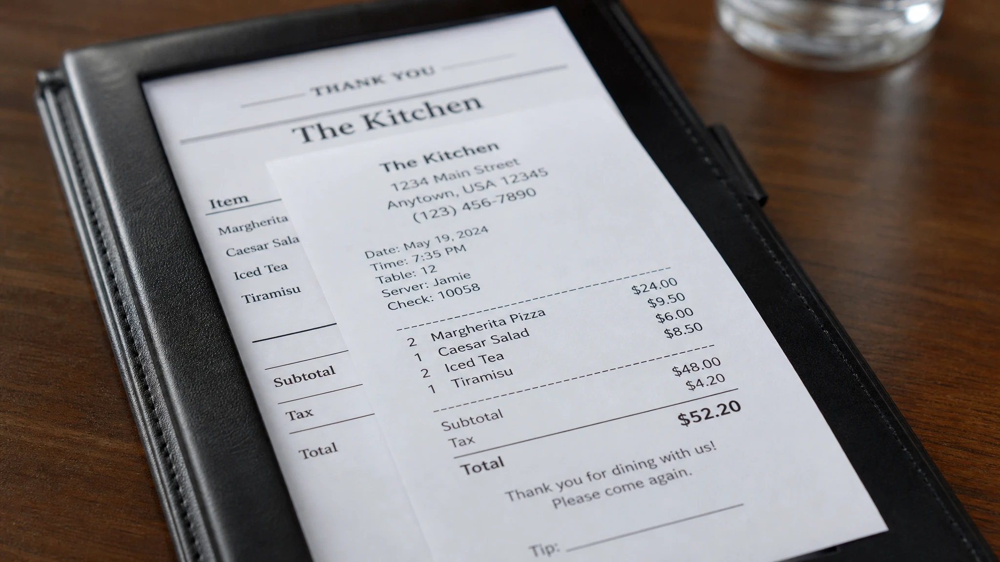 Ticket de restaurante con cargos detallados sobre una mesa