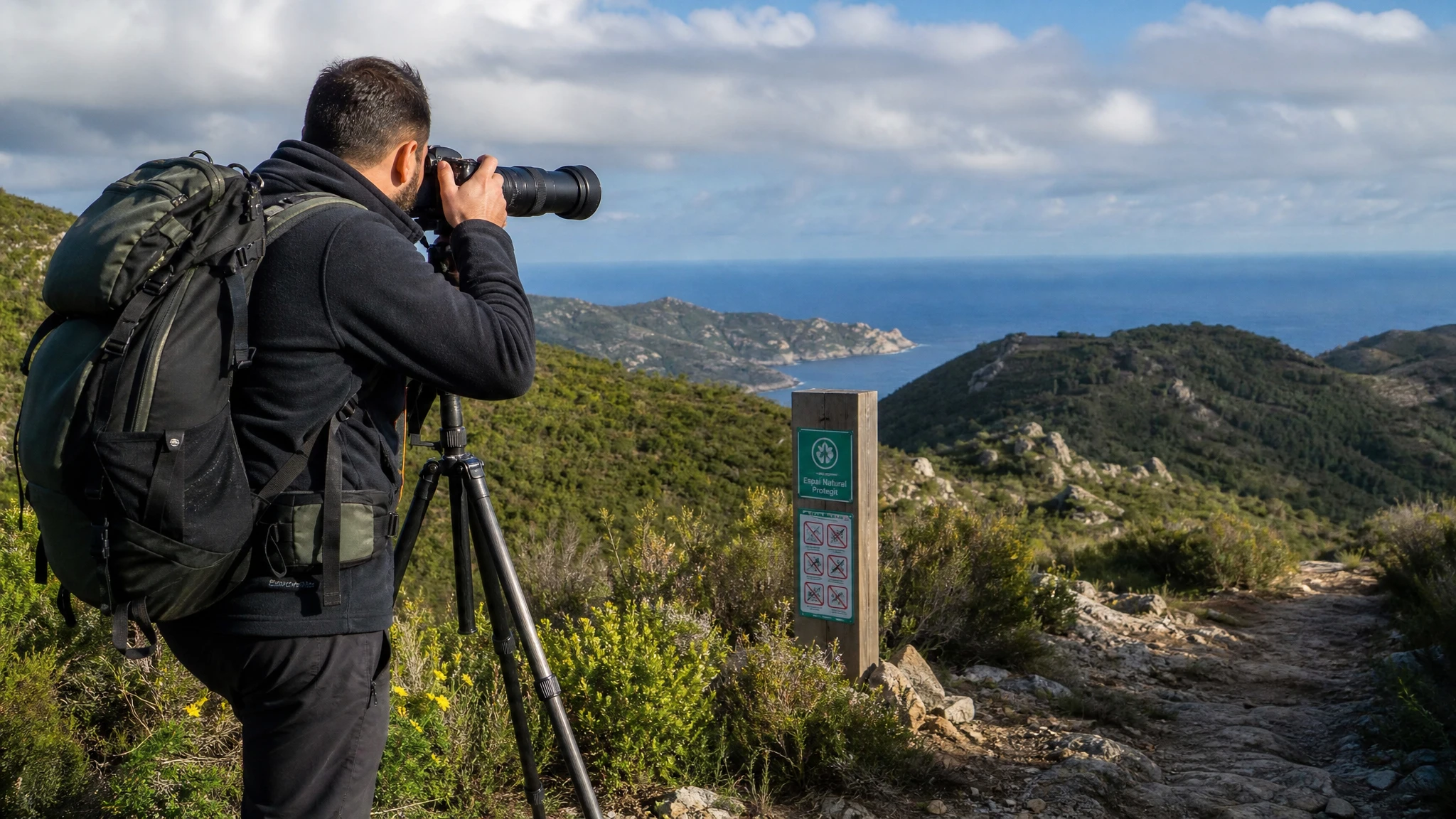 Fotógrafo profesional de naturaleza con cámara en un sendero mediterráneo