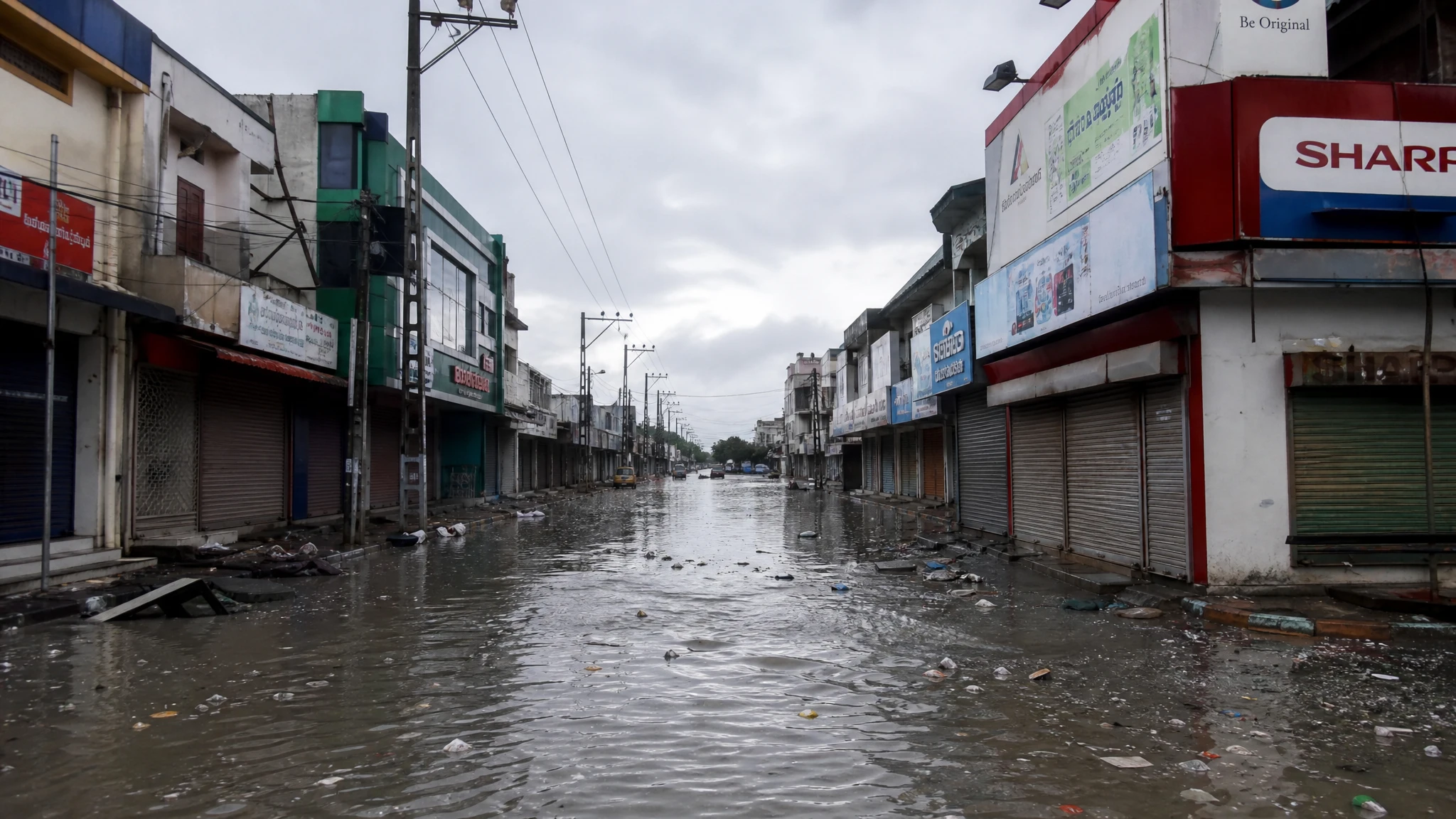 Calle comercial afectada por inundaciones con agua acumulada y negocios cerrados