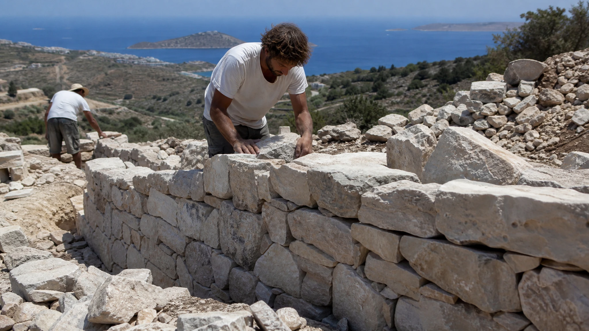 Construcción de muro de piedra en seco con técnica tradicional mediterránea