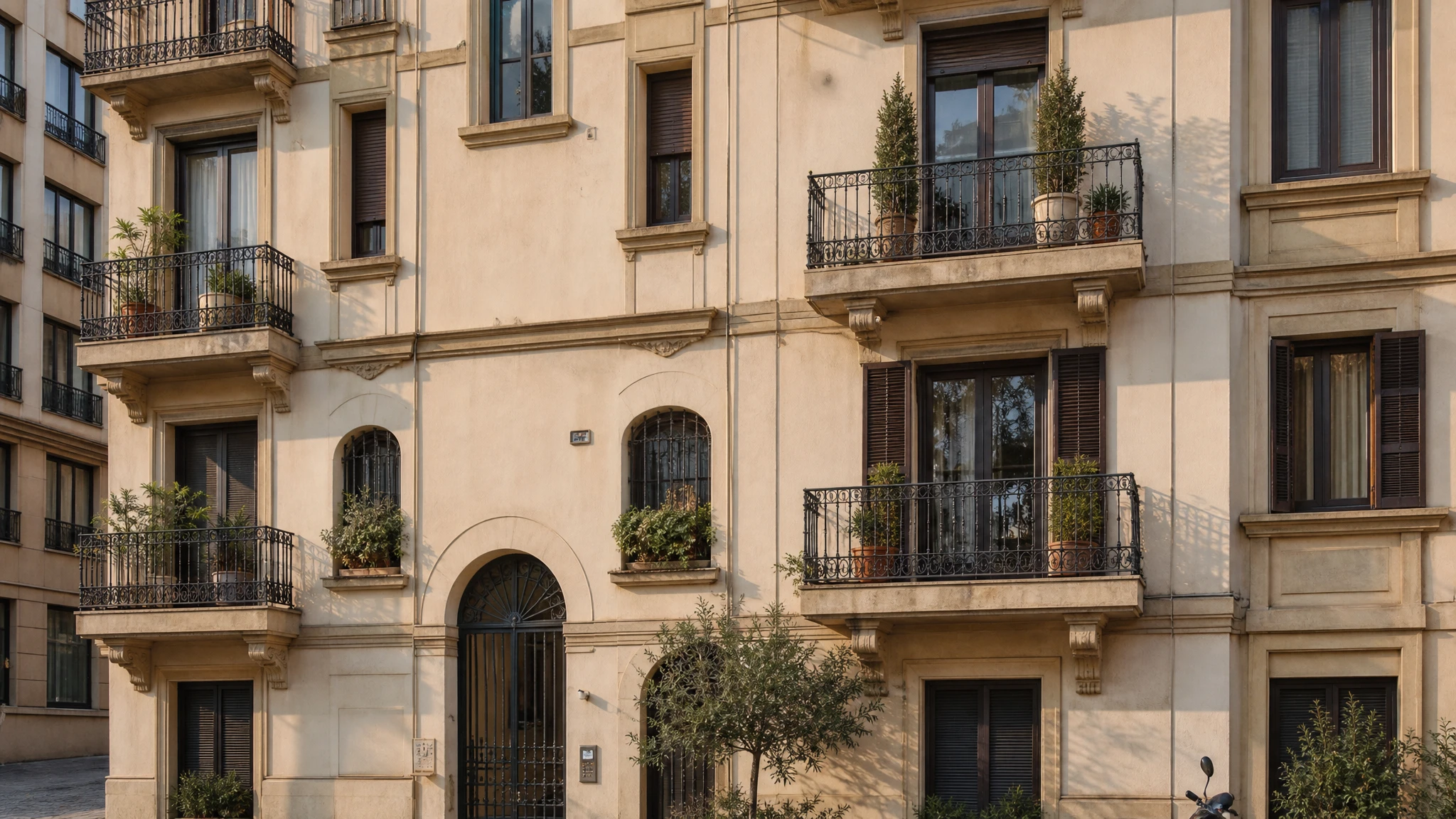 Fachada exterior de edificio residencial de viviendas en zona urbana mediterránea